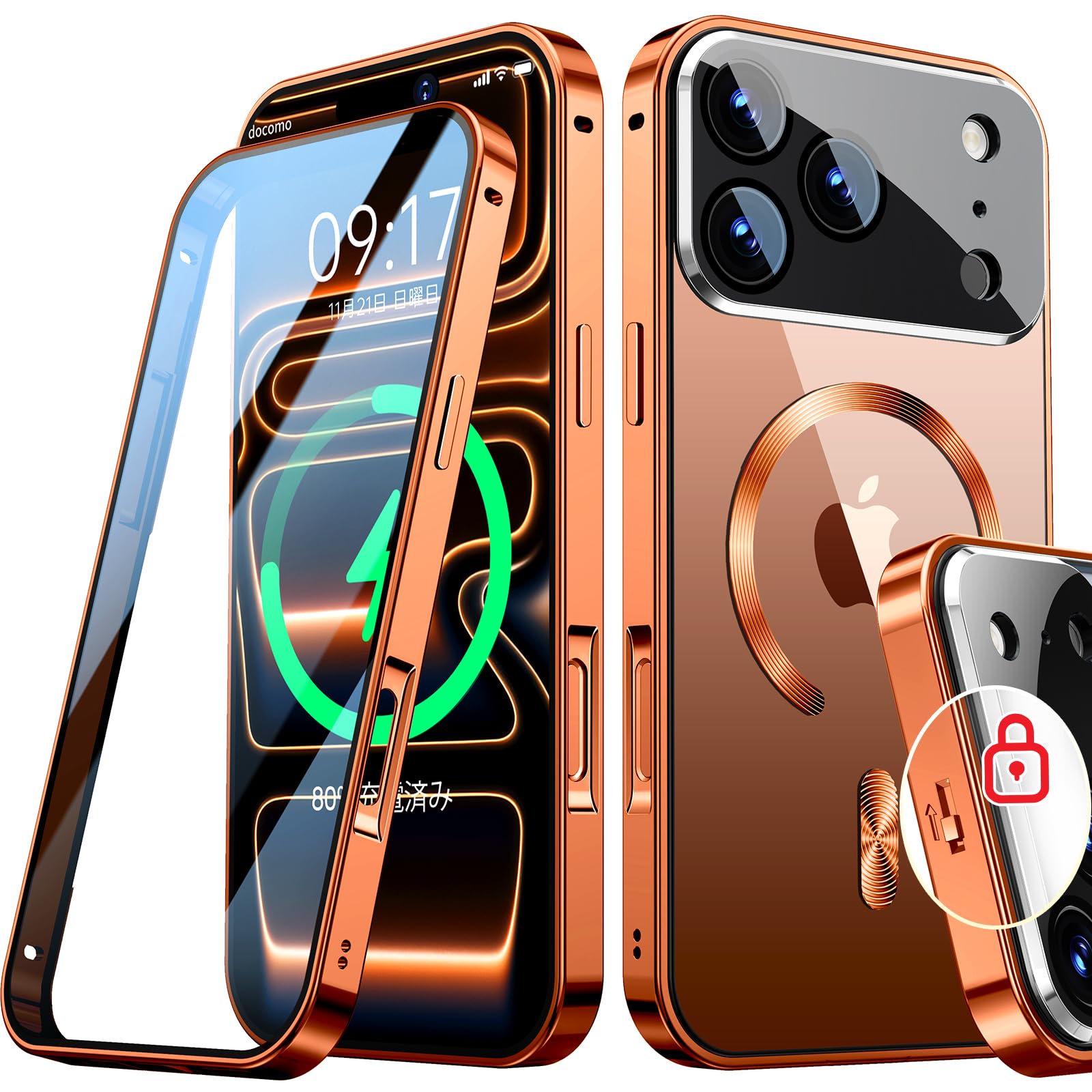 Rosycover【新次元の一体型レンズ・メカニカルロック】iPhone 17 Pro 用の ケース Magsafe対応[360°全面保護・両面強化ガラス][本体の色・CD Magsafeリング]マグセーフ ワイヤレス充電対応 ストラップ