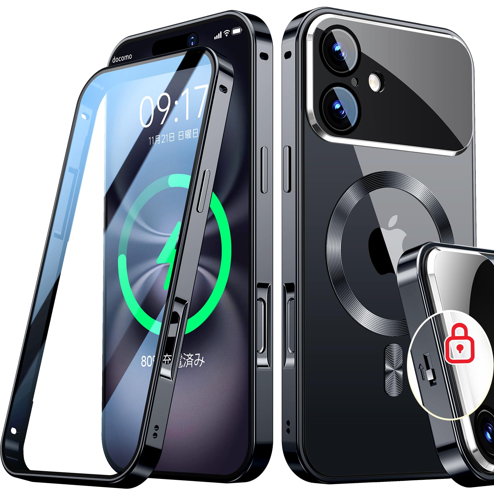 Rosycover【新次元の一体型レンズ・メカニカルロック】iPhone 16 用の ケース Magsafe対応 [360°全面保護・両面強化ガラス][本体の色・CD Magsafeリング]マグセーフ ワイヤレス充電対応 ストラップホ