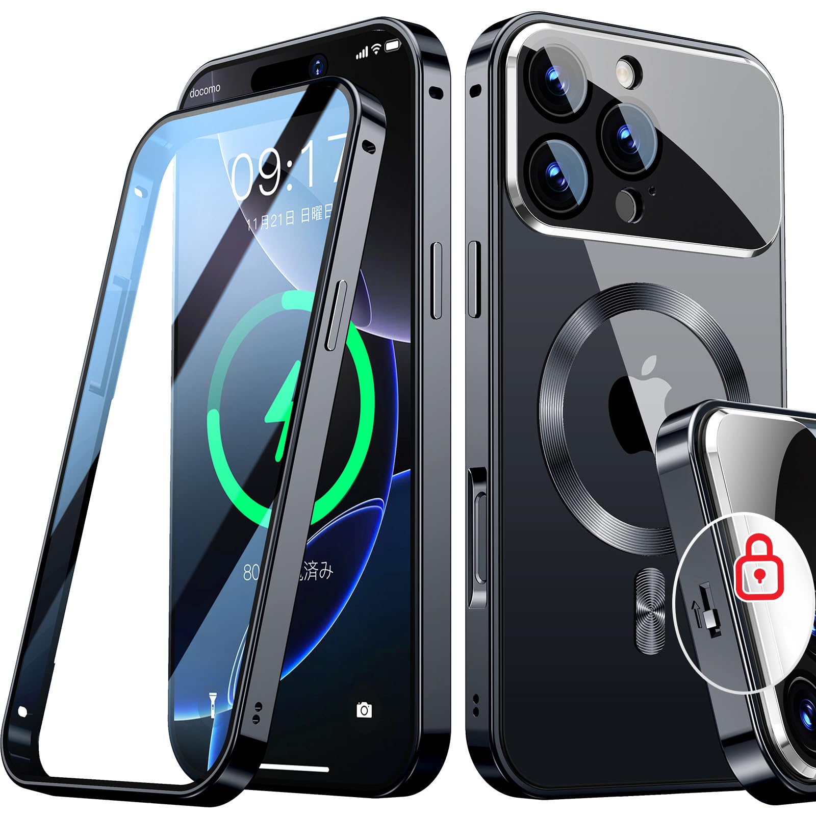 Rosycover【新次元の一体型レンズ・メカニカルロック】iPhone 16 Pro 用の ケース Magsafe対応[360°全面保護・両面強化ガラス][本体の色・CD Magsafeリング]マグセーフ ワイヤレス充電対応 ストラップ