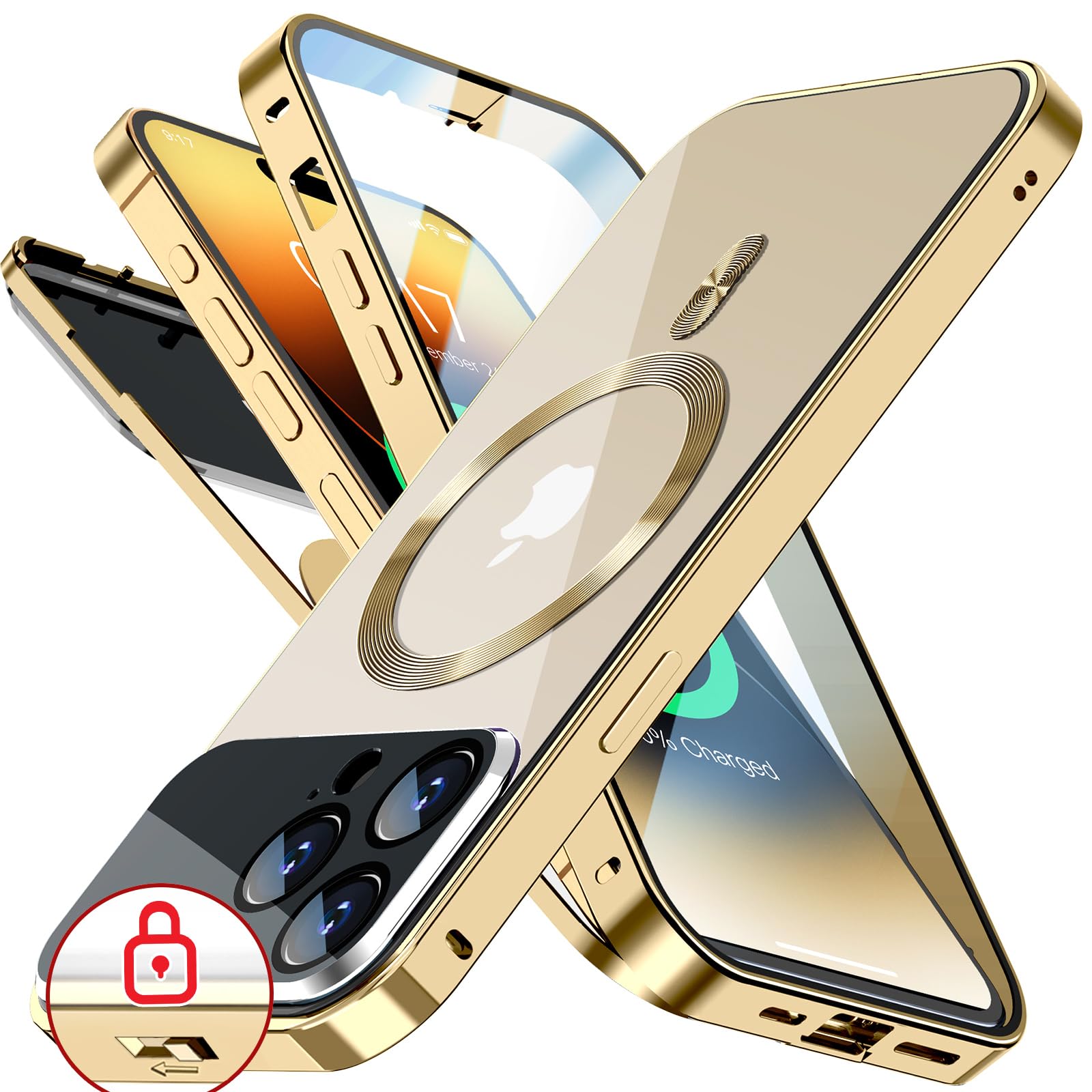 Rosycover【新次元の一体型レンズ・メカニカルロック】iPhone 14 Pro Max 用の ケース Mag-safe対応[360°全面保護・両面強化ガラス][本体の色・CD Mag-safeリング]マグセーフ ワイヤレス充電対応 ストラ