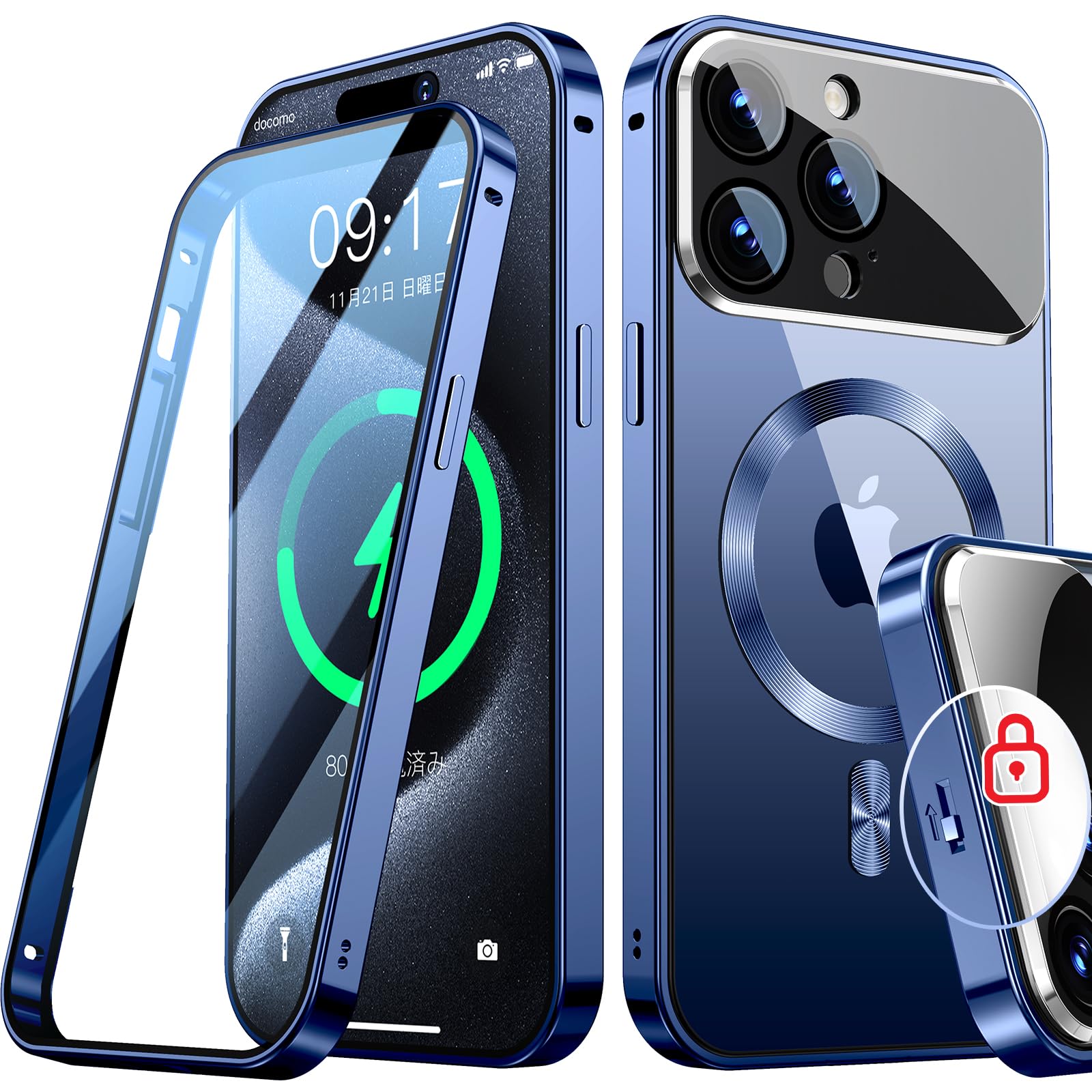 Rosycover いPhone 15 Pro Max 用 ケース Mag-safe対応 [新次元の一体型レンズ・メカニカルロック] [360°全面保護・両面強化ガラス][本体の色・CD Mag-safeリング]マグセーフ ワイヤレス充電対応 ストラッ