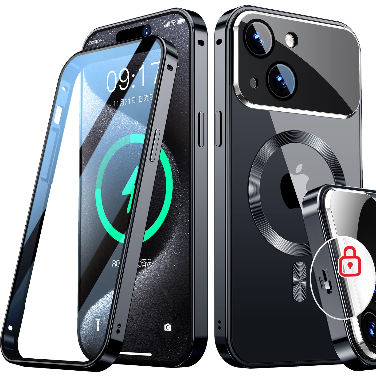 Rosycover【新次元の一体型レンズ・メカニカルロック】iPhone 15 用の ケース Magsafe対応 [360°全面保護・両面強化ガラス][本体の色・CD Magsafeリング]マグセーフ ワイヤレス充電対応 ストラップホ