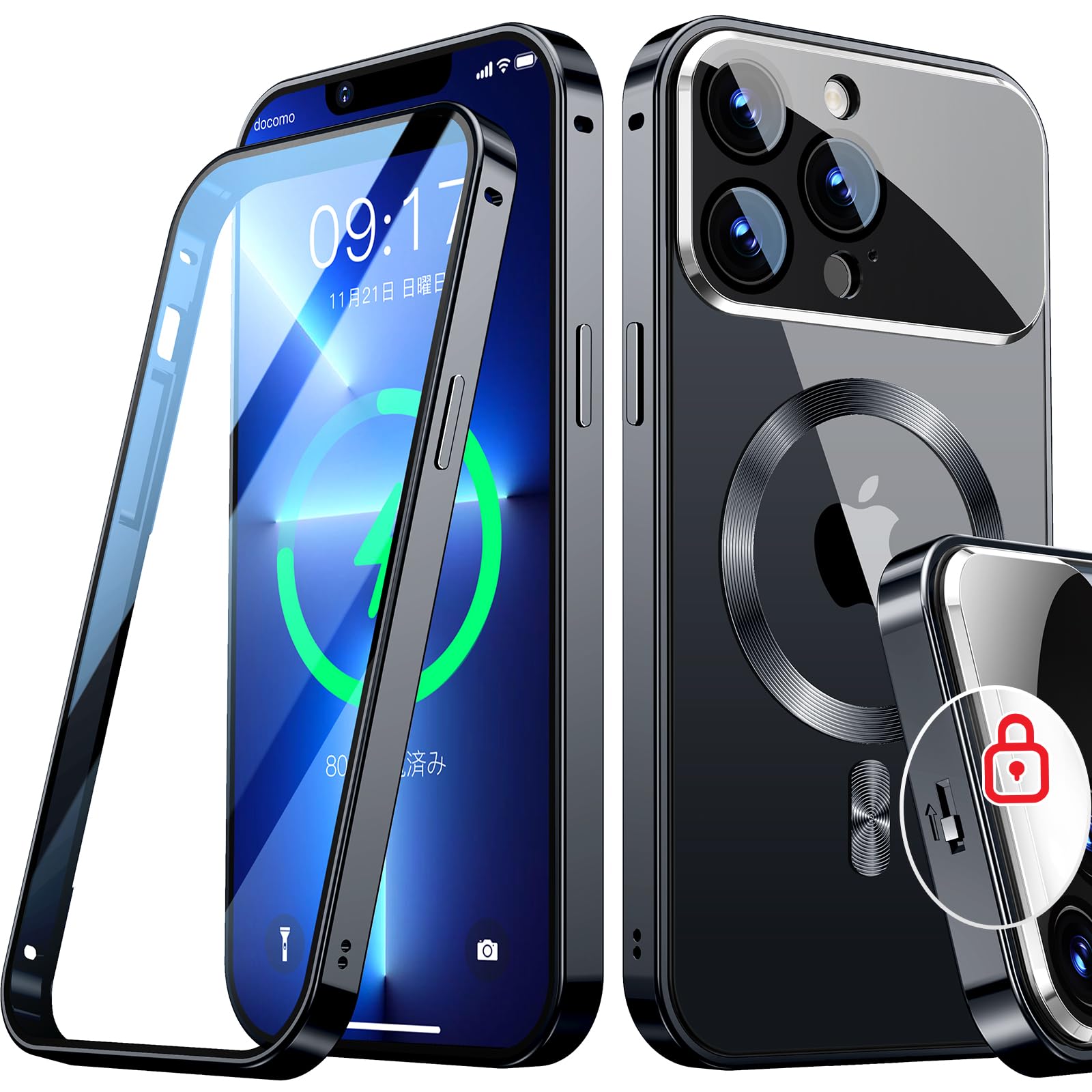 Rosycover【新座標軸の原則として型水晶体・力学的鍵を掛ける】iPhone 13 Pro Max 用の 容れもの Mag-safe相応う[360°全面保護すること・両面強化因子硝子][本体の色・CD Mag-safe輪っか]マグセーフ 無線電話申し受ける相応う ストラ