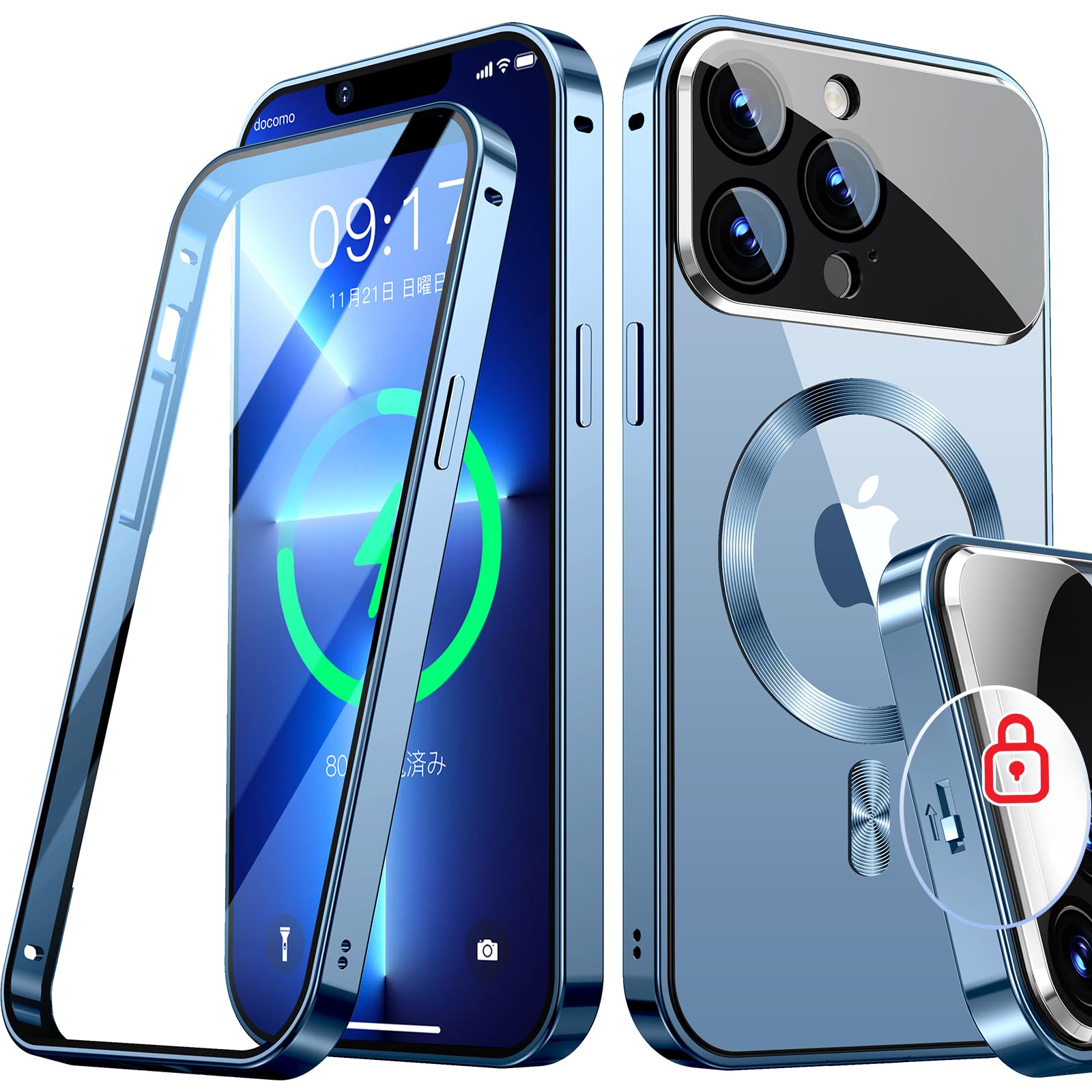 Rosycover【新次元の一体型レンズ・メカニカルロック】iPhone 13 Pro 用の ケース Mag-safe対応[360°全面保護・両面強化ガラス][本体の色・CD Mag-safeリング]マグセーフ ワイヤレス充電対応 ストラッ