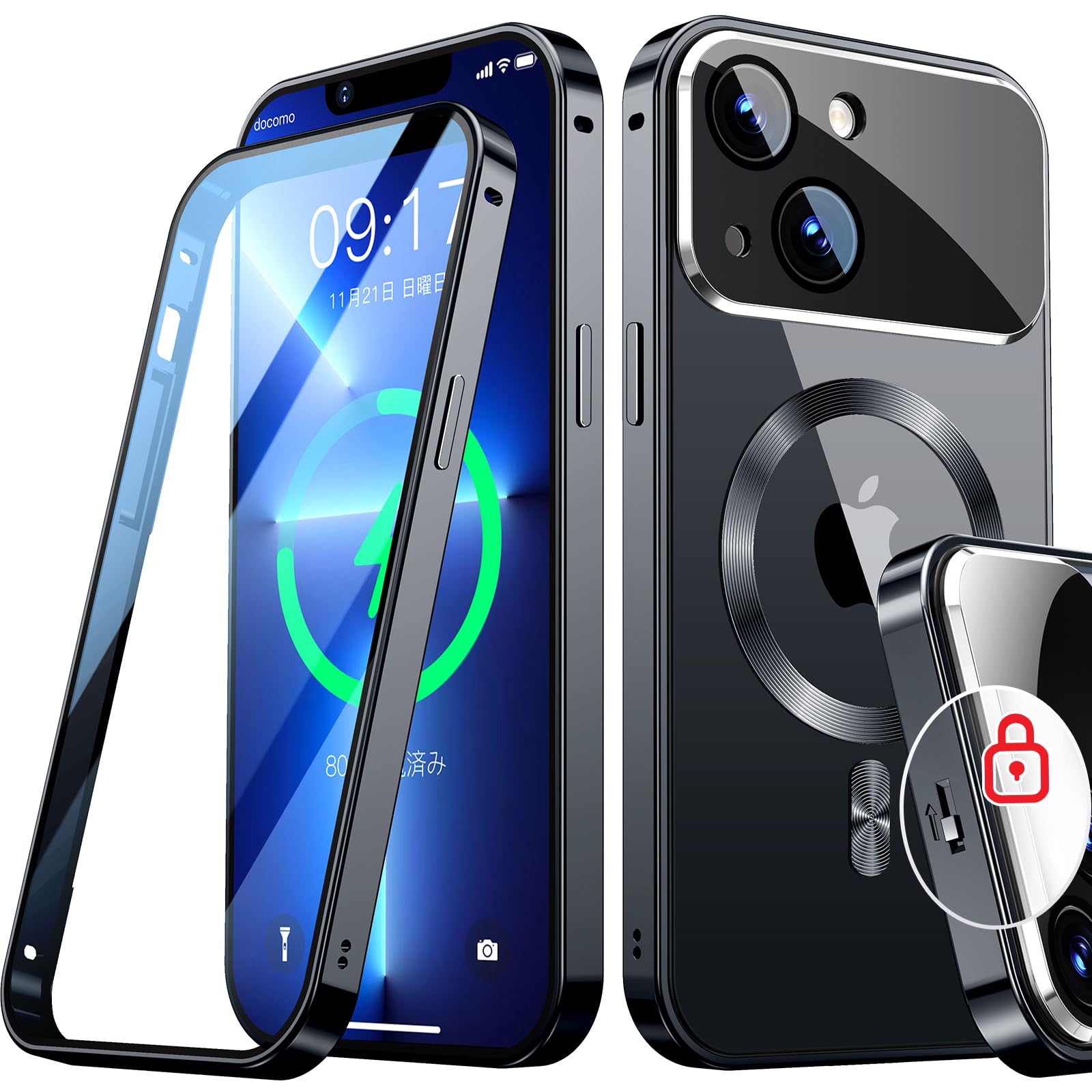 Rosycover【新次元の一体型レンズ・メカニカルロック】iPhone 13 Mini 用の ケース Mag-safe対応[360°全面保護・両面強化ガラス][本体の色・CD Mag-safeリング]マグセーフ ワイヤレス充電対応 ストラッ