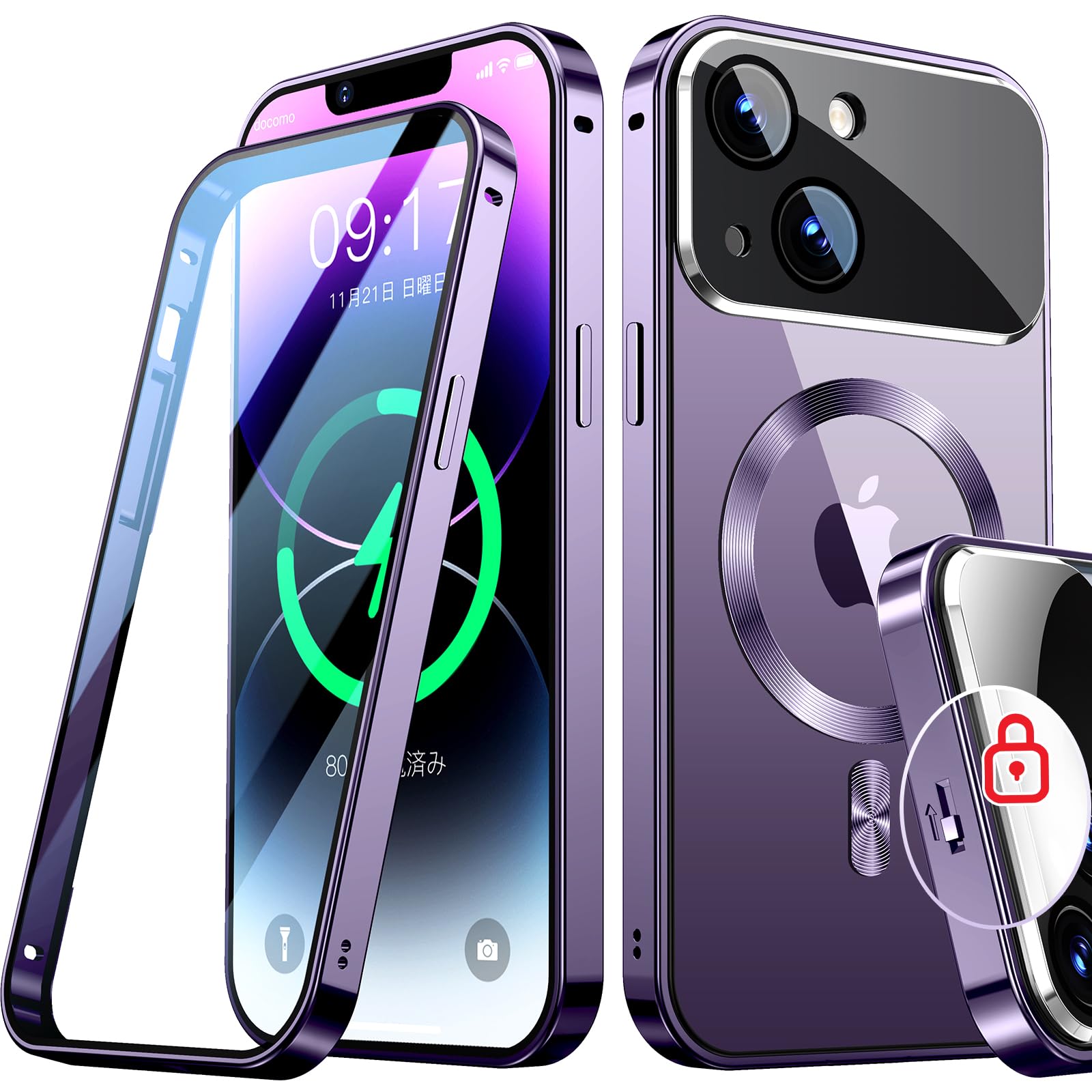 Rosycover【新次元の一体型レンズ・メカニカルロック】iPhone 14 Plus 用の ケース Magsafe対応 [360°全面保護・両面強化ガラス][本体の色・CD Magsafeリング]マグセーフ ワイヤレス充電対応 ストラッ
