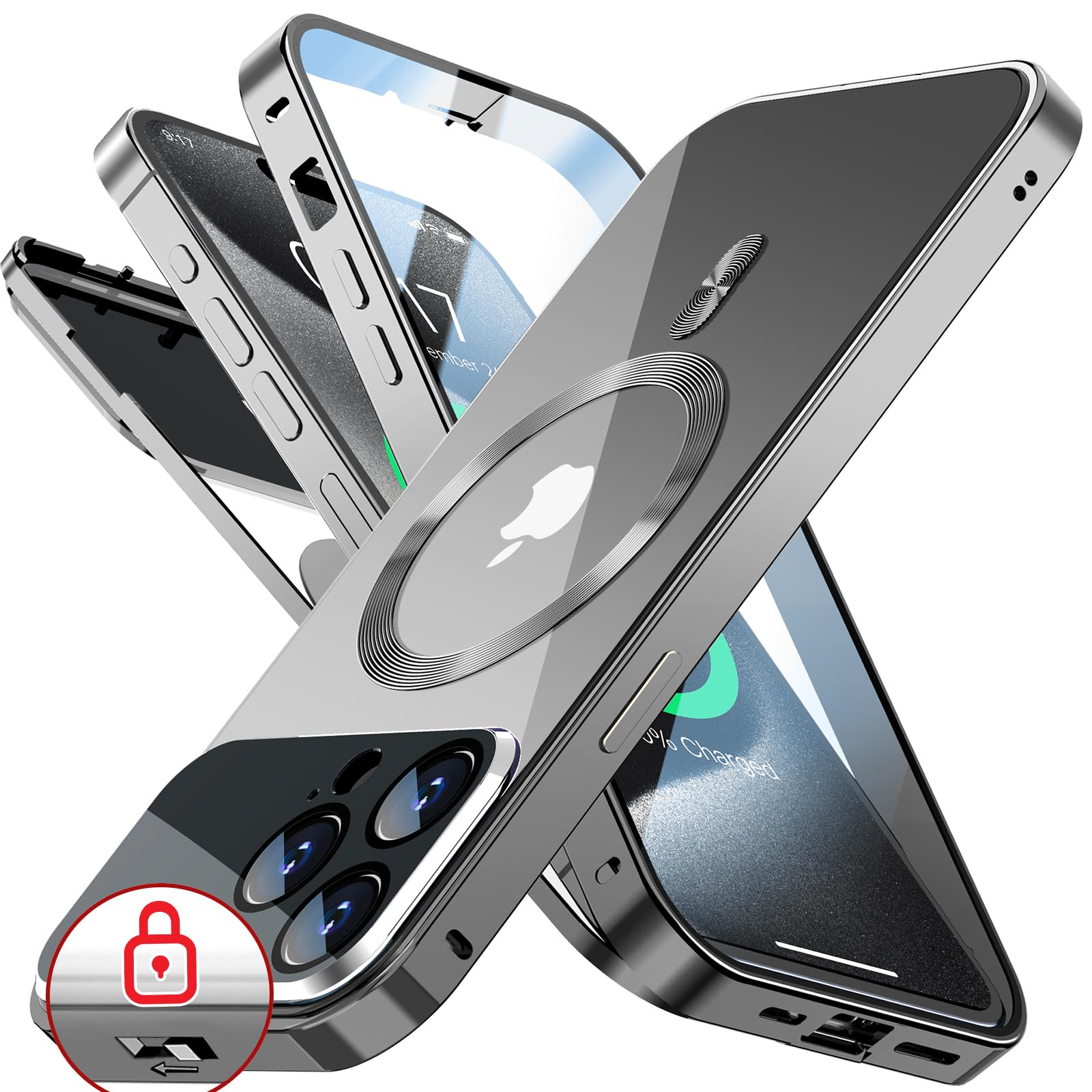 Rosycover いPhone 15 Pro Max 用の ケース Mag-safe対応 [新次元の一体型レンズ・メカニカルロック] [360°全面保護・両面強化ガラス][本体の色・CD Mag-safeリング]マグセーフ ワイヤレス充電対応 ストラ