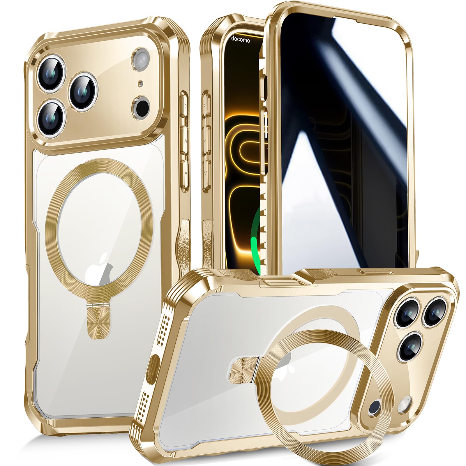 【多機能隠しスタンド・マグセーフ対応・覗き見防止】WTAIYUN iPhone 17 Pro Max 用 ケース 全面保護 CDリング 縦横両対応 ワイヤレス充電対応 米軍MIL規格 耐衝撃 高感度タッチ 両面 いphone17 プロ