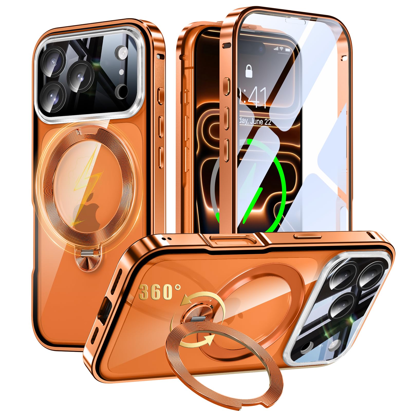 iPhone 17 Pro Max 用 両面 MagSafe対応 ケース アイフォン17プロマックス フルカバー 【90°確実に自立 × 360°回転】 ゼンマイ式スタンド 縦横多角度 Uovon スマホケース アイホン17プロマックス 全面