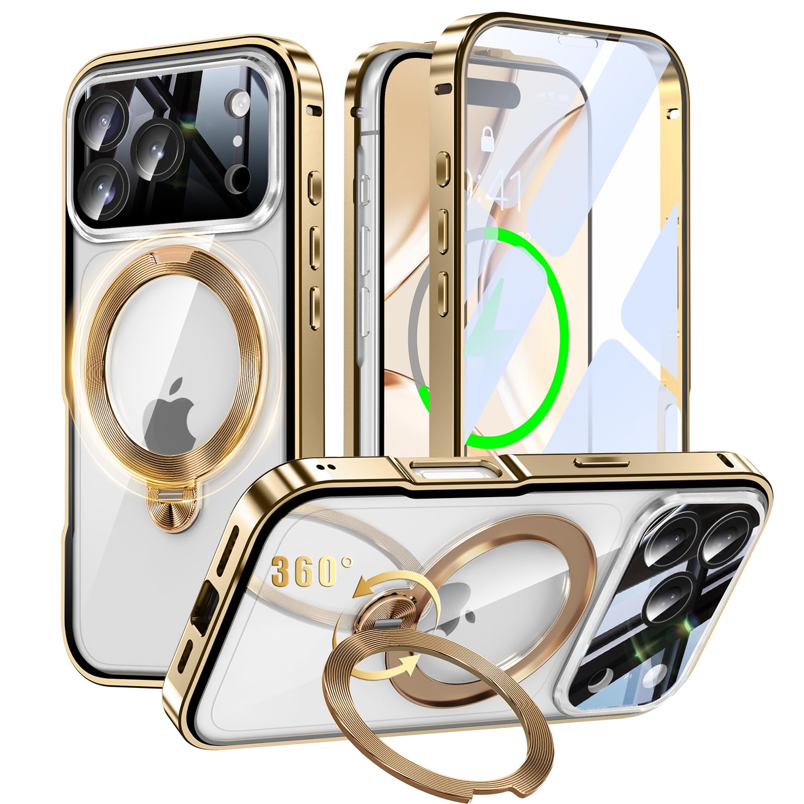 iPhone 17 Pro Max 用 両面 MagSafe対応 ケース アイフォン17プロマックス フルカバー 【90°確実に自立 × 360°回転】 ゼンマイ式スタンド 縦横多角度 Uovon スマホケース アイホン17プロマックス 全面