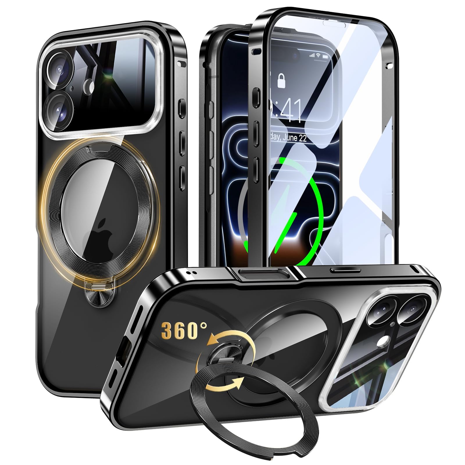iPhone 17 用 両面 MagSafe対応 ケース アイフォン17 フルカバー 【90&deg;確実に自立 &times; 360&deg;回転】 ゼンマイ式スタンド 縦横多角度 Uovon スマホケース アイホン17 全面保護 カバー ガラス CD紋リングス｜WES STORE
