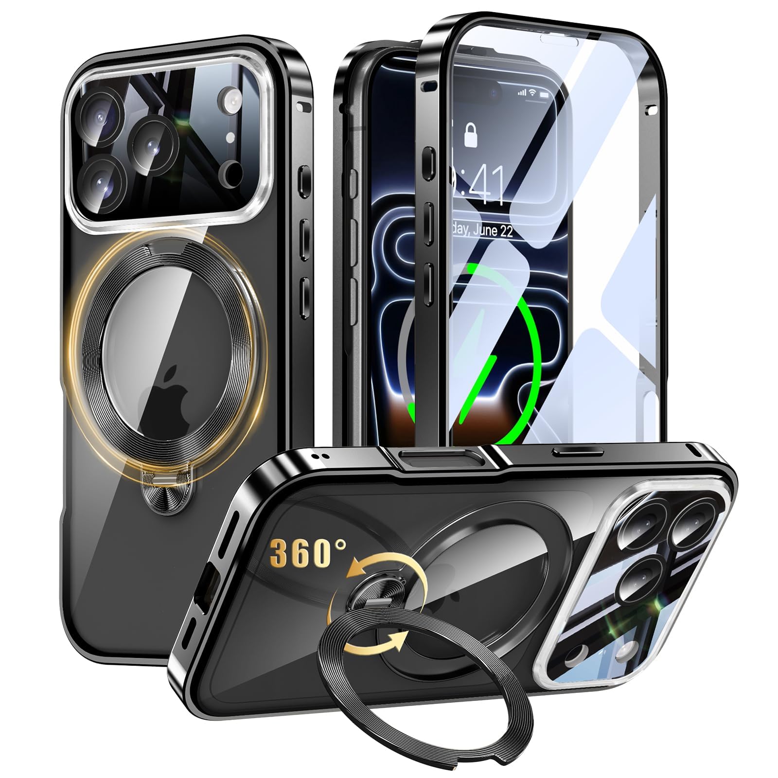 iPhone 17 Pro Max 用 両面 MagSafe対応 ケース アイフォン17プロマックス フルカバー 【90°確実に自立 × 360°回転】 ゼンマイ式スタンド 縦横多角度 Uovon スマホケース アイホン17プロマックス 全面
