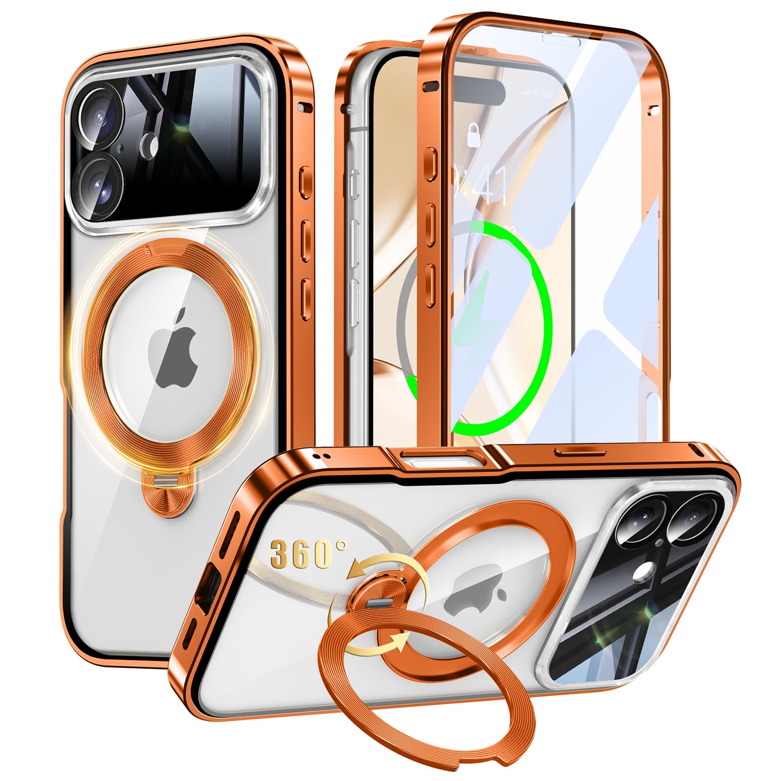 iPhone 17 用 両面 MagSafe対応 ケース アイフォン17 フルカバー 【90°確実に自立 × 360°回転】 ゼンマイ式スタンド 縦横多角度 Uovon スマホケース アイホン17 全面保護 カバー ガラス CD紋リングス