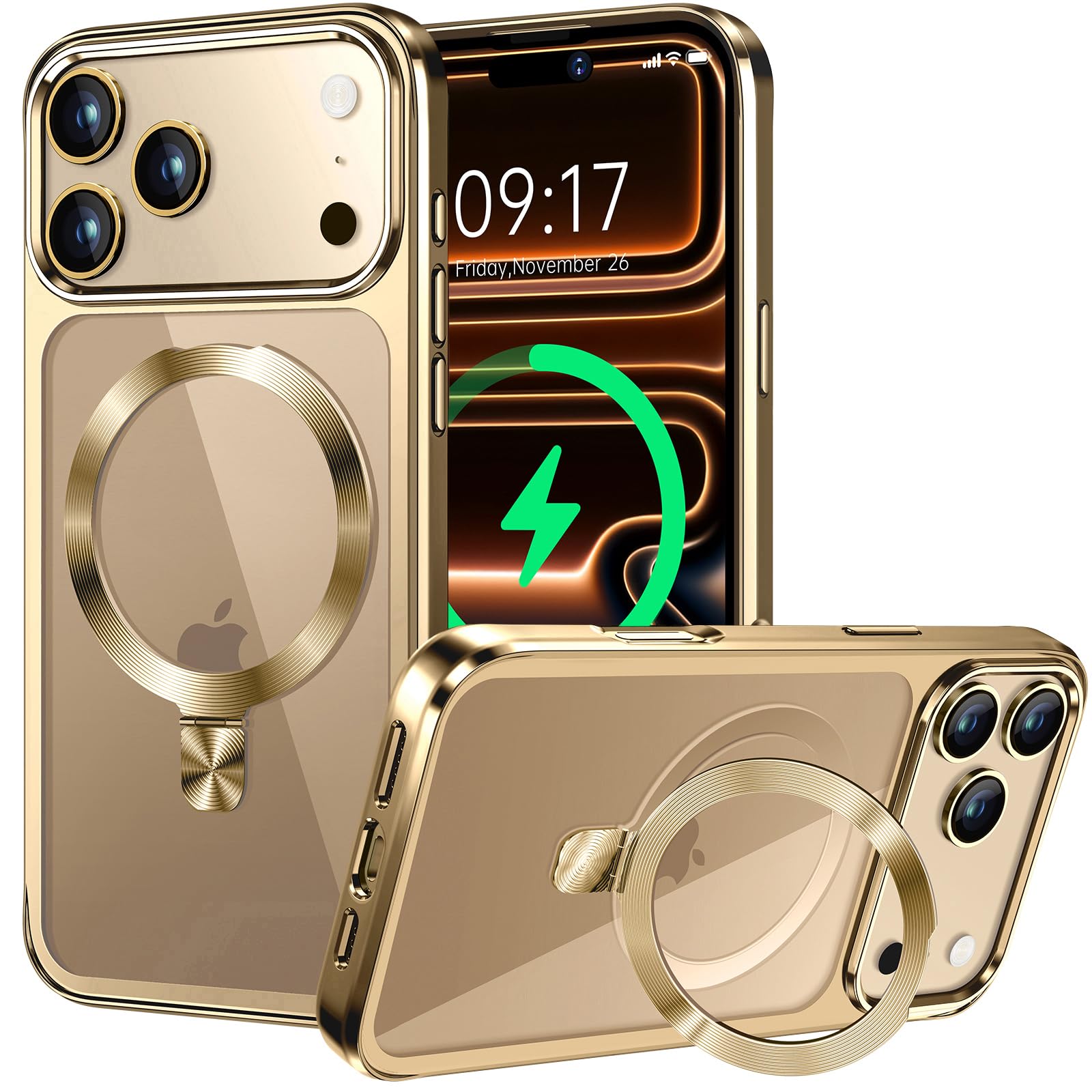 【CD MagSafe輪っか・照明ランプ原則として】iPhone 17 Pro 用せつ然たる容れもの[MagSafe相応う・隠し照明ランプ] [本体の色・メッキバンパー]ストラップホール付き添い人 角度合わせる可 米軍MIL標準尺度手に入れる・耐衝撃 アイホン17 Pro