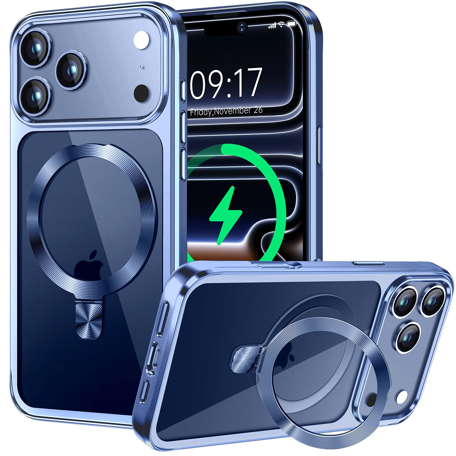 【CD MagSafeリング・スタンド一体】iPhone 17 Pro 用クリアケース[MagSafe対応・隠しスタンド] [本体の色・メッキバンパー]ストラップホール付き 角度調整可 米軍MIL規格取得・耐衝撃 アイホン17 Pro