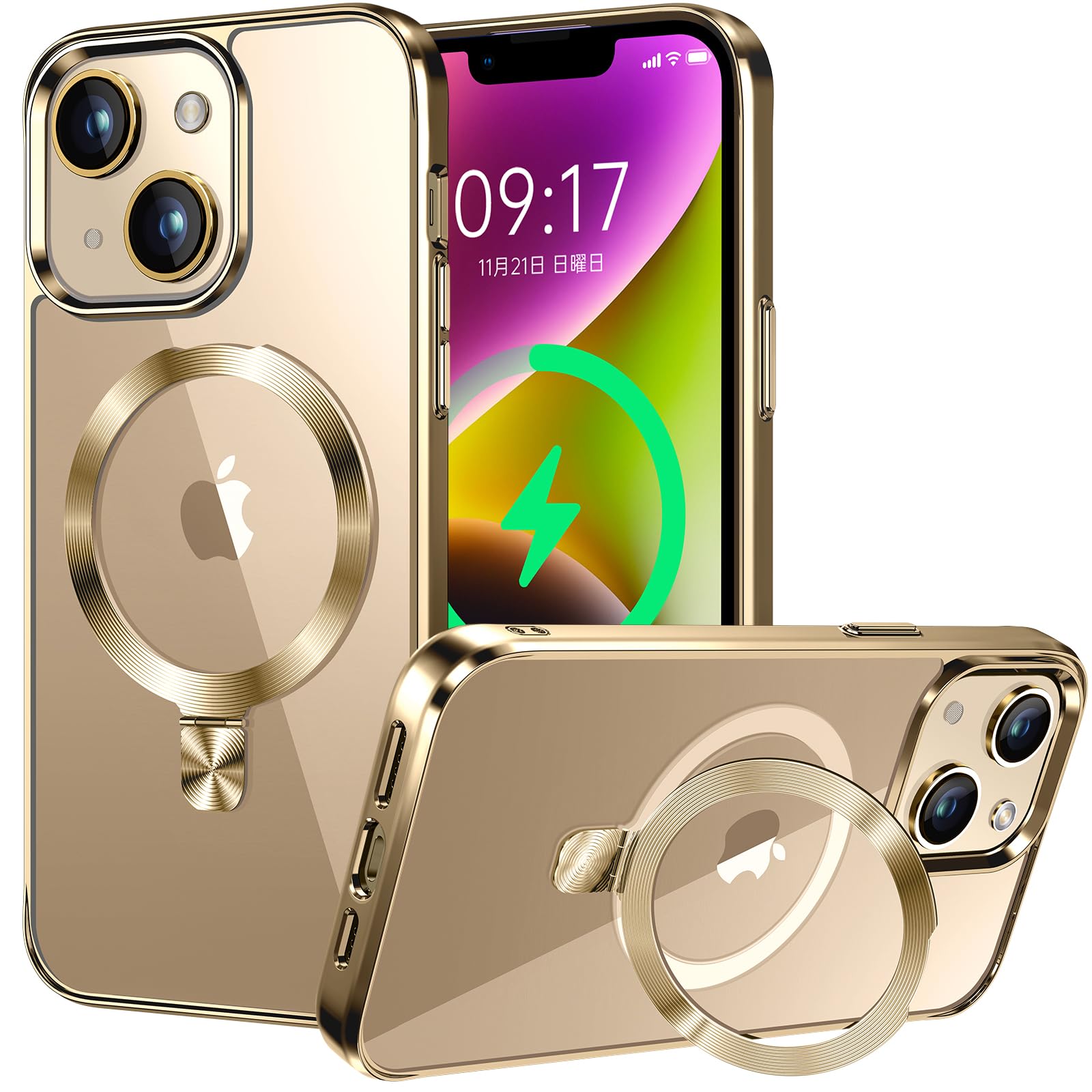 【CD MagSafeリング・スタンド一体】iPhone13 用クリアケース[MagSafe対応・隠しスタンド] [本体の色・メッキバンパー]ストラップホール付き 角度調整可 米軍MIL規格取得・耐衝撃 アイホン13透明ケ｜WES STORE
