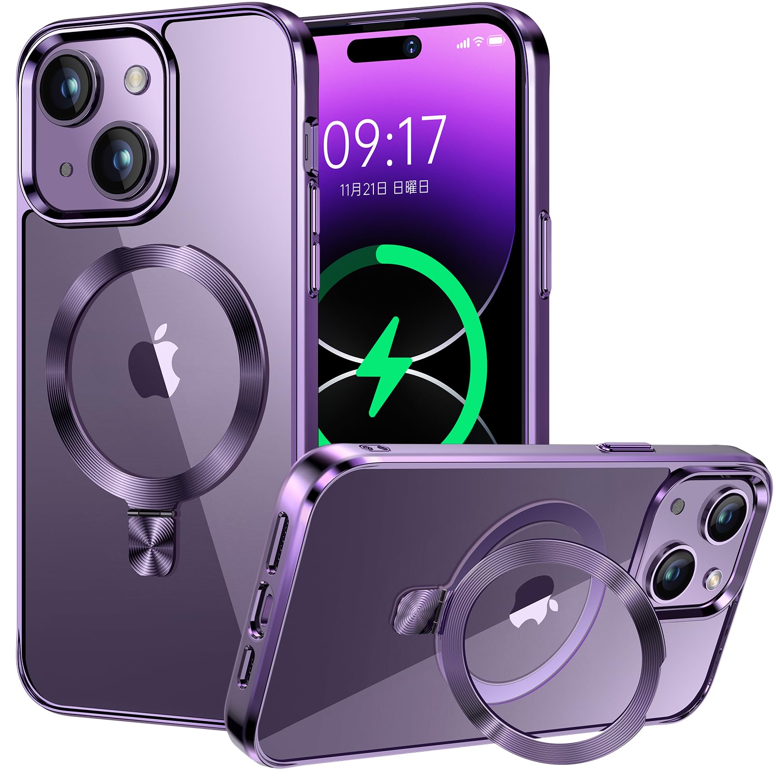 【CD MagSafeリング・スタンド一体】iPhone14 Plus 用クリアケース[MagSafe対応・隠しスタンド] [本体の色・メッキバンパー]ストラップホール付き 角度調整可 米軍MIL規格取得・耐衝撃 アイホン14 Min