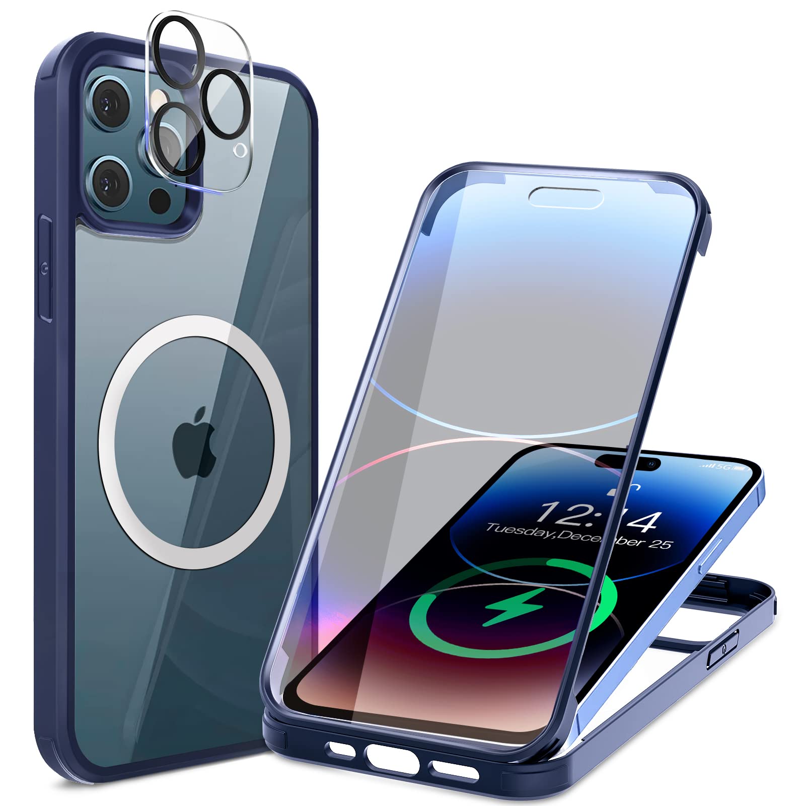 HAUTRKBG iPhone 14 Pro Max 用 ケース クリア 両面強化ガラス 全面保護 [MagSafe対応] [カメラフイルムを贈] 高タッチパネル感度 マグセーフ ワイヤレス充電対応 米軍MIL規格取得 耐衝撃 アイフォン 14