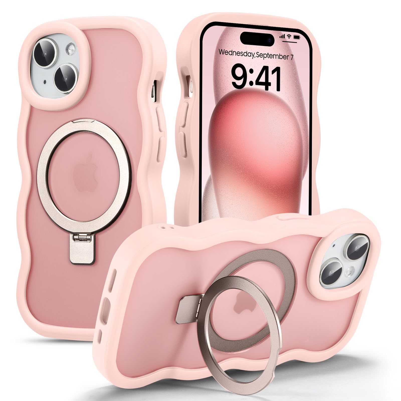UEEBAI 対応 iPhone 15 用の ケース 半透明 TPU ウェーブデザイン スマホケース 可愛い 人気 おしゃれ ケース Magsafe対応 横縦両立 薄型 軽量 マグネット搭載 波型 バンパー スマホケース - ピンク