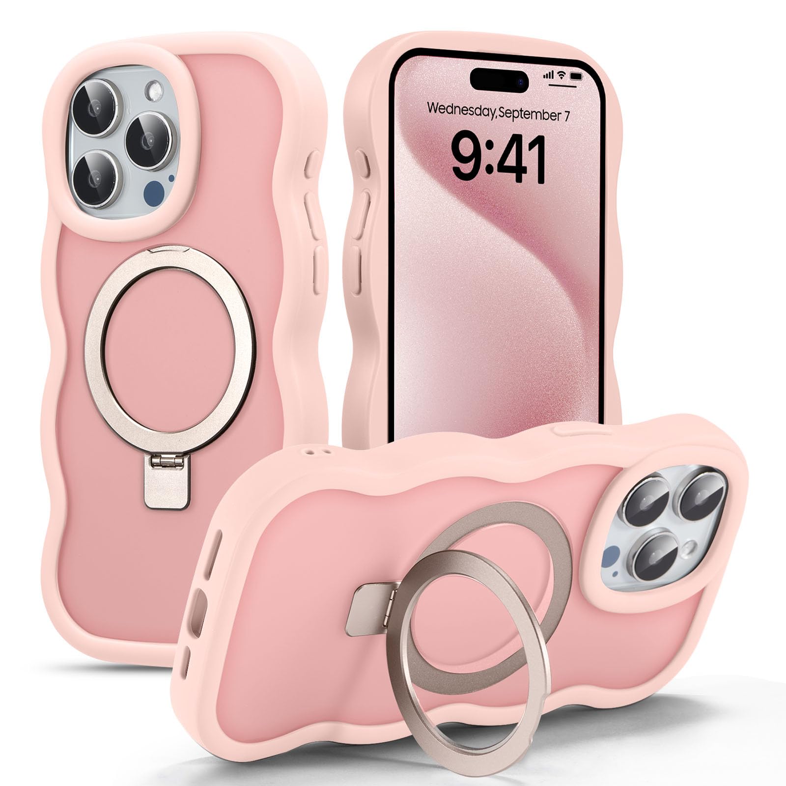 UEEBAI 対応 iPhone 15 Pro 用の ケース 半透明 TPU ウェーブデザイン スマホケース 可愛い 人気 おしゃれ ケース Magsafe対応 横縦両立 薄型 軽量 マグネット搭載 波型 バンパー スマホケース - ピン