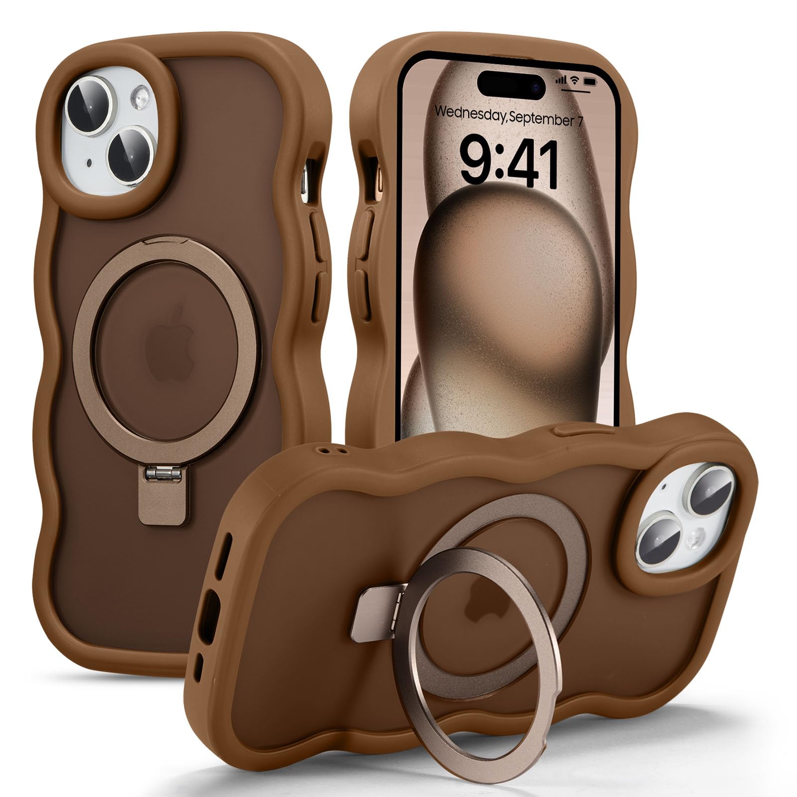 UEEBAI 対応 iPhone 15 用の ケース 半透明 TPU ウェーブデザイン スマホケース 可愛い 人気 おしゃれ ケース Magsafe対応 横縦両立 薄型 軽量 マグネット搭載 波型 バンパー スマホケース - ゴールド