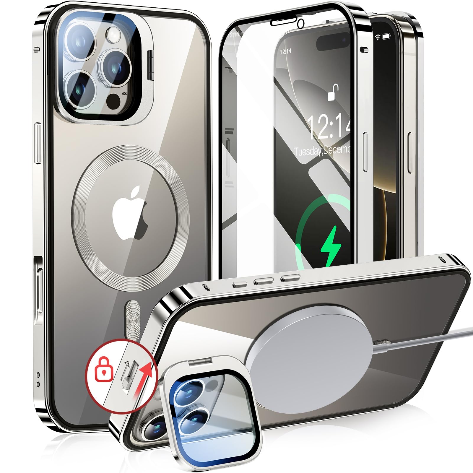 【カメラレンズ保護・スタンド一体】NIANGUO iPhone16 Pro Max 用 カバー MagSafe対応 クリア 両面 【ロック付き・アクションボタン】 隠しカメラスタンド アイホン16プロマックスケース 9H強化ガラ