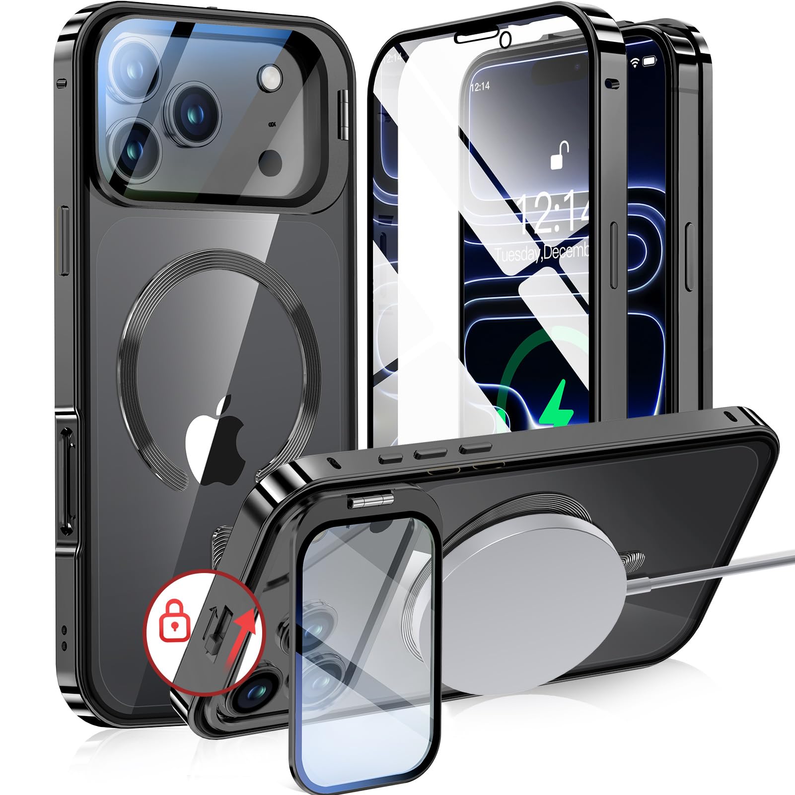 【カメラレンズ保護・スタンド一体】NIANGUO iPhone17 Pro Max 用 カバー MagSafe対応 クリア 両面 【ロック付き・アクションボタン】 隠しカメラスタンド アイホン17プロマックスケース 9H強化ガラ