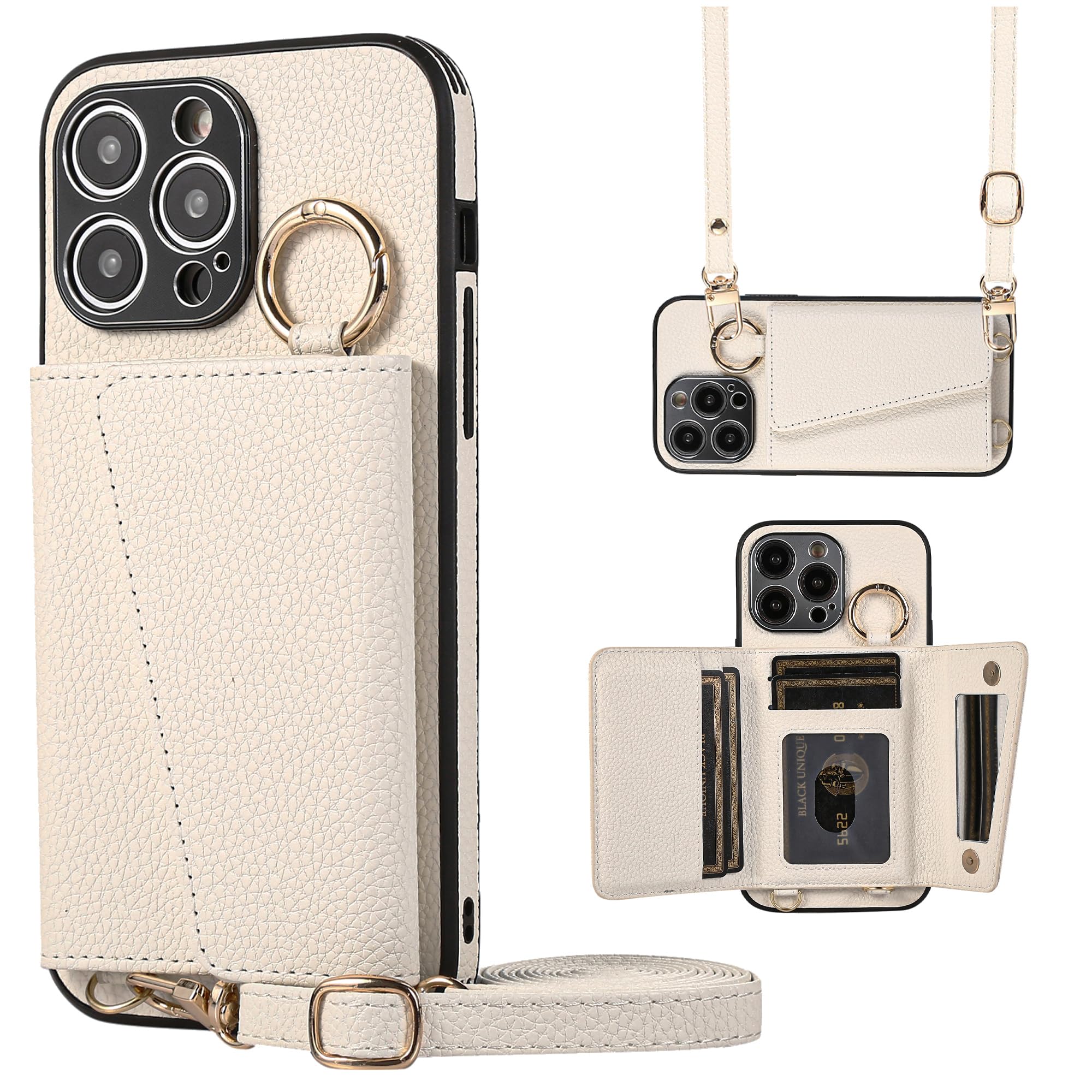 TENSIK iPhone 14 Pro Max 用の ケース 手帳型 肩掛け アイフォン 14 プロ マックス 用の ショルダー スマホケース iPhone14 Pro Max 用の カバー PUレザー 首掛け 斜めかけ マグネット式 ICカード収納 鏡付