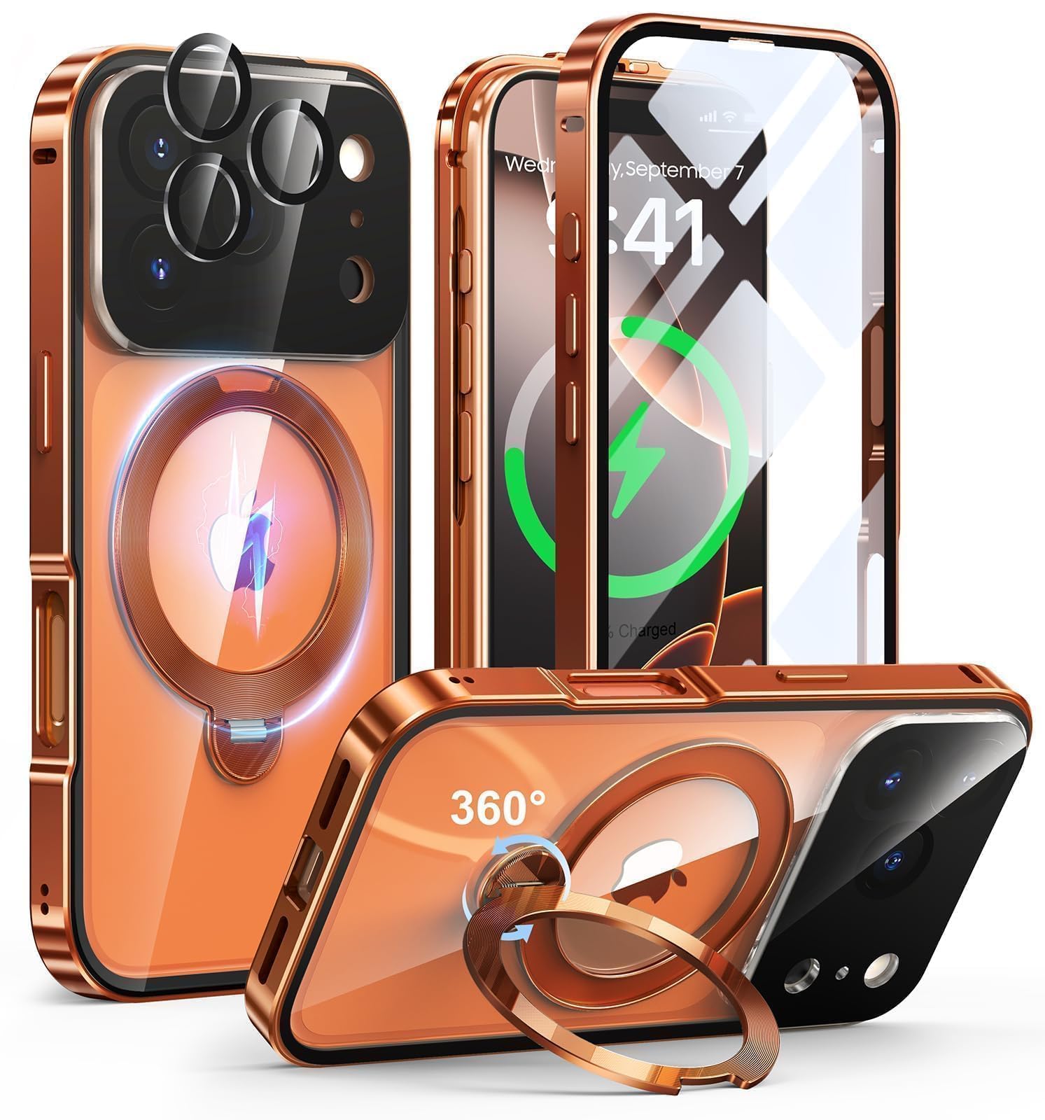 iPhone 17 Pro Max 用 ケース 両面保護 MagSafe対応 光沢CD紋様リング 360°定点回転スタンド 自動ポップアップロック付き カメラレンズフル保護 いphone 17 pro max 用 Gunwon スマホケース アルミ合金バン