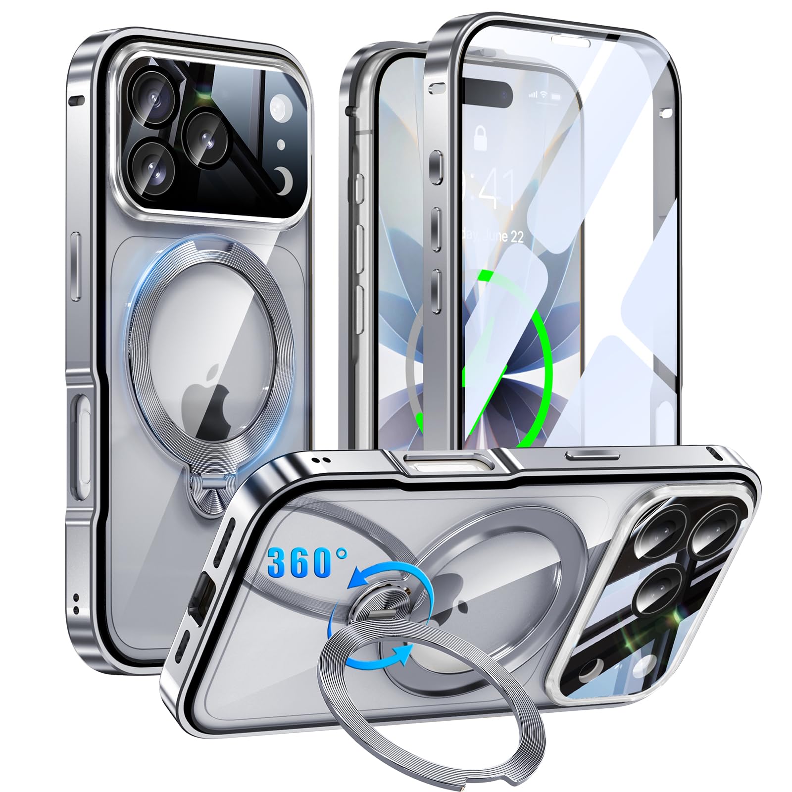 iPhone 17 Pro Max 用 容れもの 両面保護すること MagSafe相応う 光輝CD紋様輪っか 360°定点回転させる照明ランプ 自動小銃ポップアップ鍵を掛ける付き添い人 カメラレンズフル保護すること いphone 17 pro max 用 Gunwon スマホケース 軽銀アロイヴァン