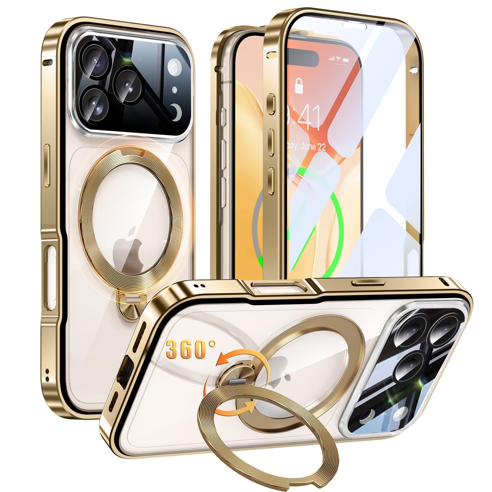 iPhone 17 Pro 用 ケース 両面保護 MagSafe対応 光沢CD紋様リング 360°定点回転スタンド 自動ポップアップロック付き カメラレンズフル保護 いphone 17 pro 用 Gunwon スマホケース アルミ合金バンパー 9