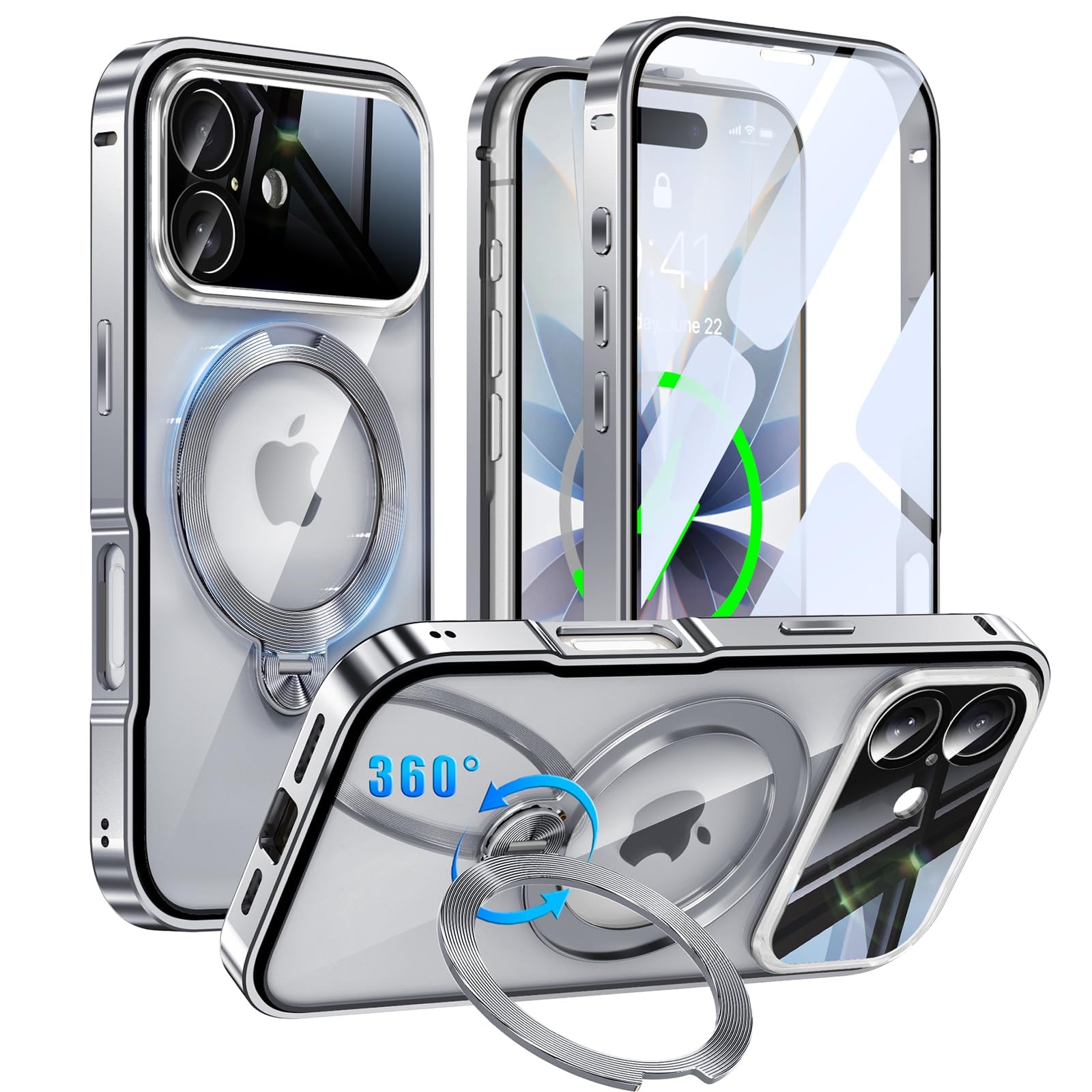 iPhone 17 用 容れもの 両面保護すること MagSafe相応う 光輝CD紋様輪っか 360°定点回転させる照明ランプ 自動小銃ポップアップ鍵を掛ける付き添い人 カメラレンズフル保護すること いphone 17 用 Gunwon スマホケース 軽銀アロイバンパー 9H原則として