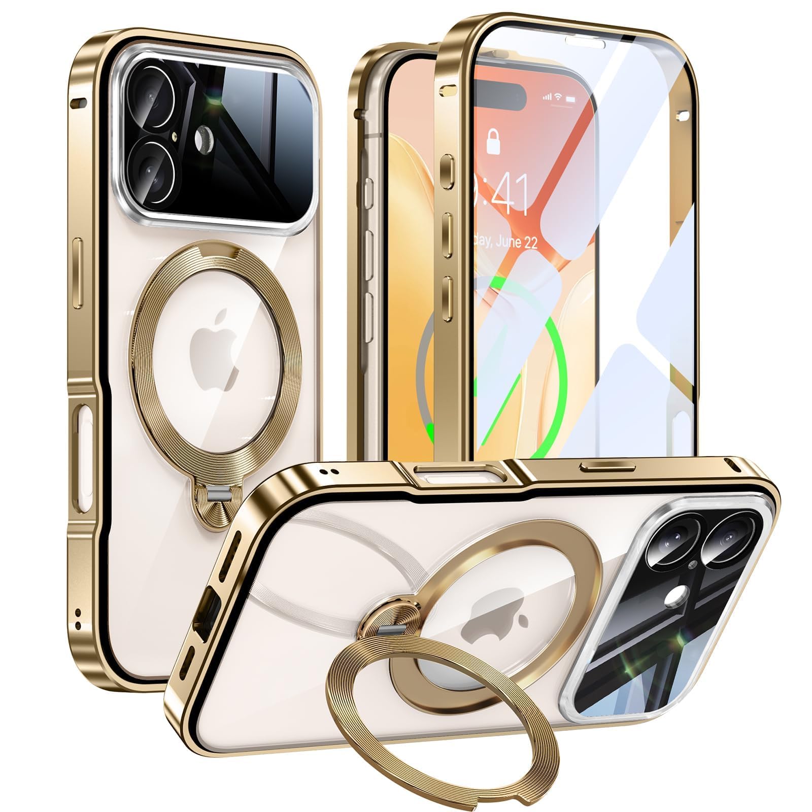 iPhone 17 用 容れもの 両面保護すること MagSafe相応う 光輝CD紋様輪っか 360°定点回転させる照明ランプ 自動小銃ポップアップ鍵を掛ける付き添い人 カメラレンズフル保護すること いphone 17 用 Gunwon スマホケース 軽銀アロイバンパー 9H原則として