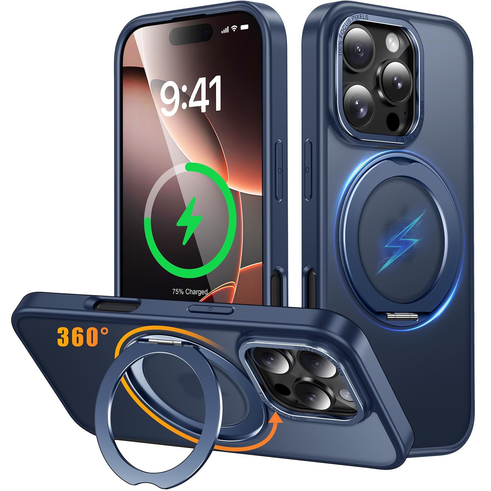 iPhone 16 Pro 用 ケース Magsafe対応 ワイヤレス充電 360°回転スタンド 縦横両対応 Gunwon スマホケース iphone16 Pro 用 半透明 マット感 防指紋 米軍規格 耐衝撃 マグセーフ リング マグネット搭載 ア|WES STORE