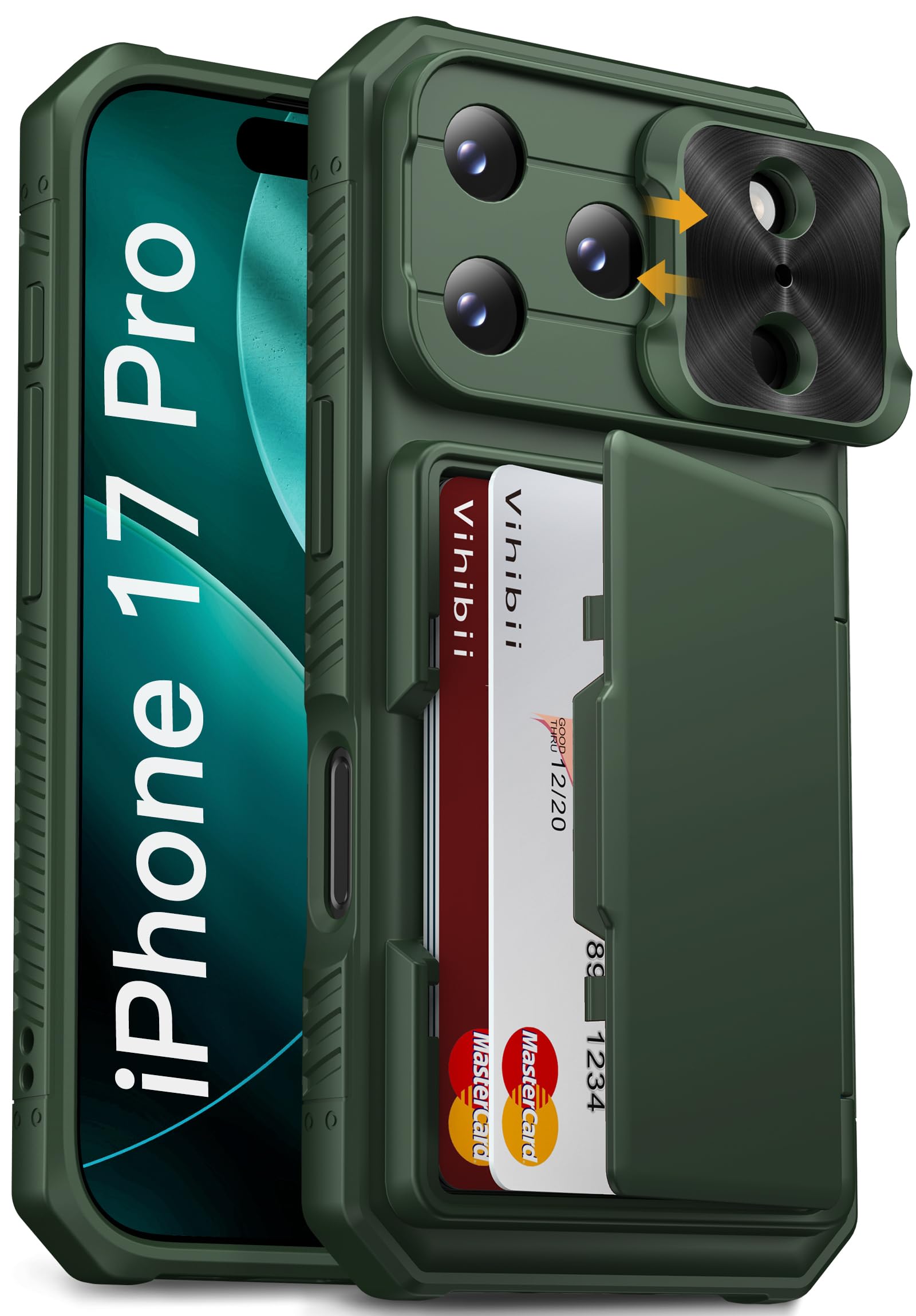 Vihibii for iPhone 17 Pro ケース 背面 カード収納 (3-5枚) [RFIDブロッキング] カメラレンズ保護 いphone17pro ケース 耐衝撃 米軍MIL規格 全面保護 頑丈 滑り止め 財布付き iphone17pro ケース (グリーン)｜WES STORE