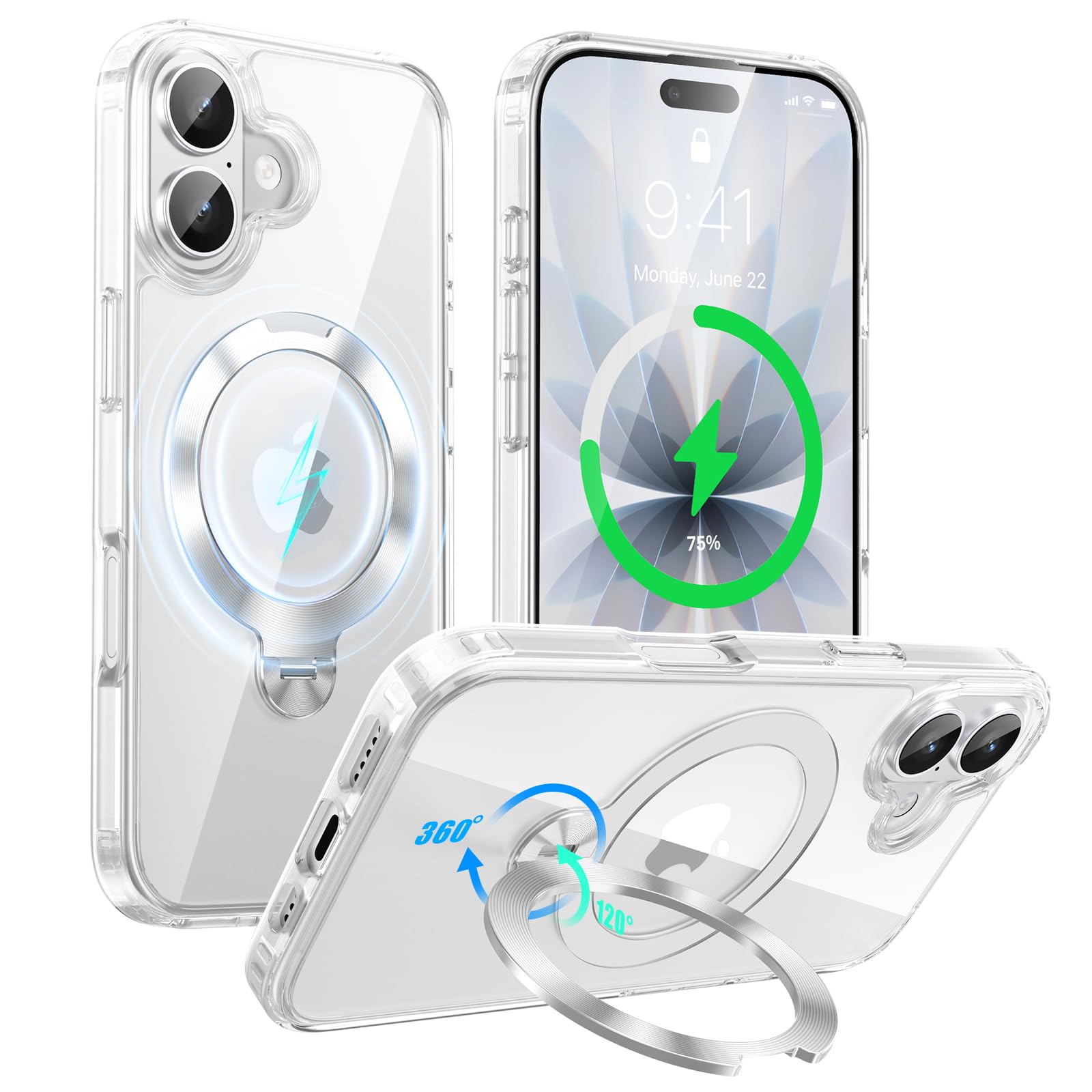 Tekkase iPhone 17 用 ケース リング付き MagSafe対応 360&deg;回転磁気スタンド 透明スマホケース 耐衝撃 縦横両対応 ワイヤレス充電対応 アイフォン17 ケース 米軍MIL規格全面保護 あいふおん17カバー ｜WES STORE