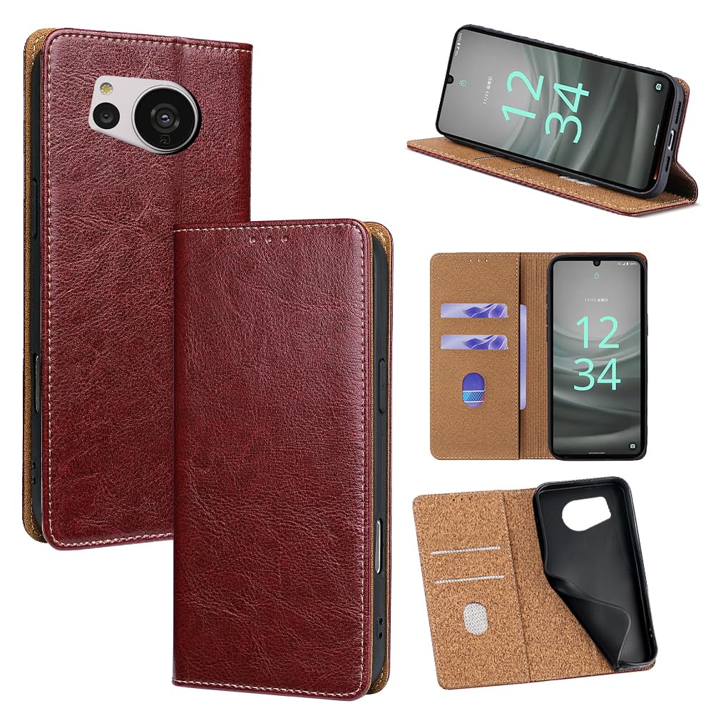 For AQUOS Sense 7 ケース 本革 手帳型 For アクオス センス7 SH-53C/SHG10 牛革 カバー 上品 レザー 横置きスタンド機能 カード収納 2枚 人気 マグネット搭載 耐衝撃 全面保護 シンプルカバー 便利 ハ｜WES STORE