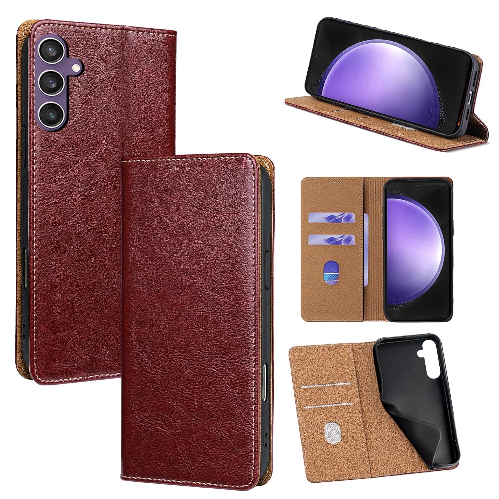 For Galaxy S23 FE ケース 本革 手帳型 For ギャラクシーS23 FE SCG24 牛革 カバー 上品 レザー 横置きスタンド機能 カード収納 2枚 人気 マグネット搭載 耐衝撃 全面保護 シンプルカバー 便利 ハンド｜WES STORE