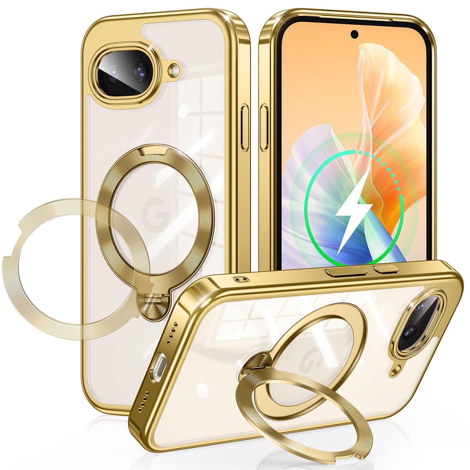 Gunwon Google Pixel 10a 用 ケース MagSafe対応 光沢CD紋様リング 360&deg;定点回転スタンド 縦横両対応 マグセーフ対応 メッキバンパー キラキラ 背面クリア 精密開口レンズ保護 グーグル ピクセル10a 用｜WES STORE