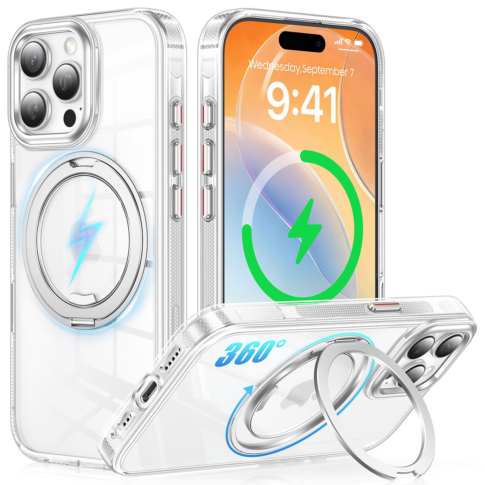 iPhone 13 Pro Max 用 ケース MagSafe対応 多機能360度回転スタンド 縦横両対応 アイフォン13 プロマックス クリア リング付き 米軍規格 耐衝撃 OURJOY スマホケース 透明 カバー マグネット搭載 ワイ｜WES STORE