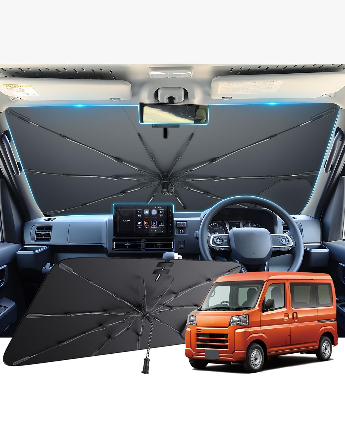 【GAFAT】ダイハツ ハイゼット/アトレー専用 サンシェード 傘式 S700V/S700W/S710V/S710W型 R3~ パラソル ハイゼットカーゴ s700v 車用傘型サン シェ ード 吸盤 棒なし アトレー 傘 ワンタッチサンシェ｜WES STORE