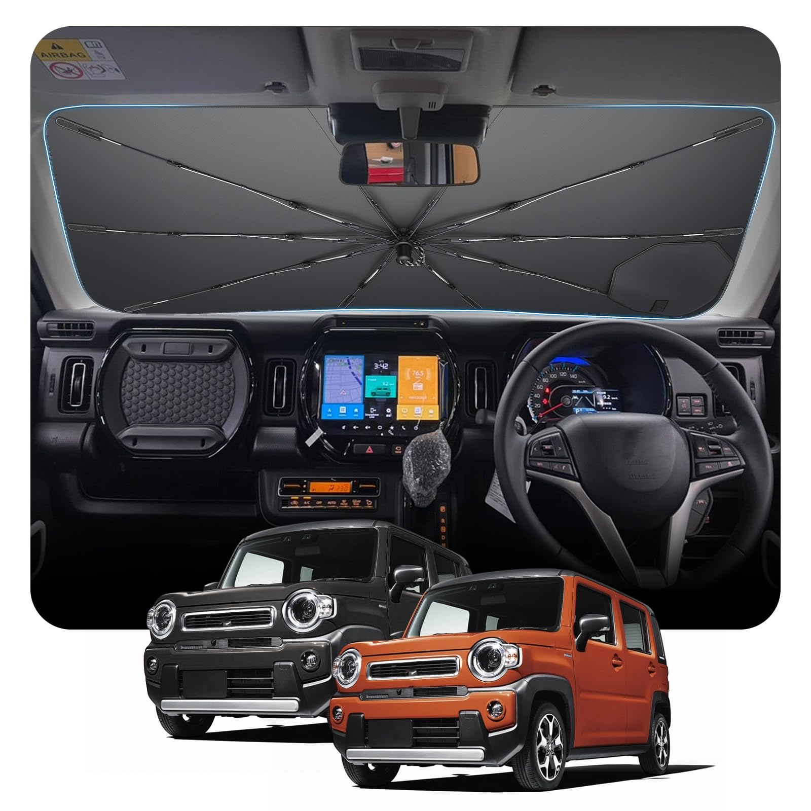 BSTW スズキ ハスラー 初代/2代目専用 傘型サンシェード 2026改良 ハスラー MR31S MR41S フロント サンシェード アクセサリー 【中棒なし+引き紐傘柄+吸盤】 強化10本骨 MR52S/MR92S型 カーシェード ア｜WES STORE