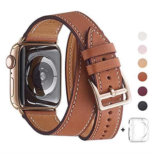 コンパチブル Apple Watch バンド 本革使用 series 6/SE/ 5/4/3/2/1 レザー製，Sport/Edition向けのバンド交換ストラップです コンパチブル アップルウォッチ バンド (38mm 40mm， 二重巻き型 ブラウン バンド+ステンレススチールゴールド バックル)
