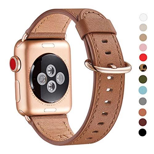 WFEAGL コンパチブル Apple Watch バンド，は本革レザーを使い、iWatch Series 6/SE/ 5/4/3/2/1、Sport、Edition向けのバンド交換ストラップです コンパチブル アップルウォッチ バンド (38mm 40mm， ブラウン バンド+ゴールドバックル)