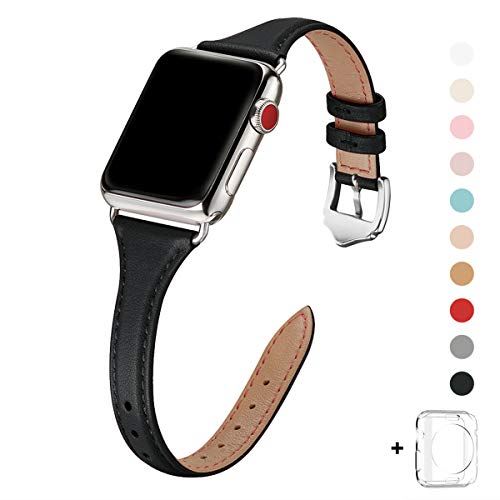 WFEAGL コンパチブル apple watch バンド 42mm 44mm，コンパチブル アップルウォッチ バンド iWatch series 5/4/3/2/1，トップグレード革 スリム＆薄型交換用リストバンド (42mm 44mm， 黒 バンド+シルバー バックル)