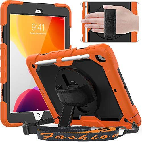 Timecity iPad 10.2 ケース (iPad 第7世代/第8世代 ケース 2019/2020新型) 保護シール内蔵 360度回転の折り畳スタンド 肩紐 ハンドストラップ付き ペン収納 頑丈 丈夫 ゴツイ 耐衝撃 操作簡単 多機能 iPad 10.2 インチ タブレットPCケース (オレンジ)｜WES STORE