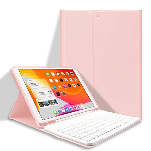 iPad8 鍵盤 入れもの 2020 iPad 10.2 鍵盤 押しかぶせる 第7時人（2019）通じる 脱着式 Bluetooth 鍵盤 ぺん保持者付き添い人 照明ランプ役立つこと オートスリープ役立つこと ipad7 ipad8専用 多角度合わせる 傷つけ押しとどめる 耐久性 (サクラ色)
