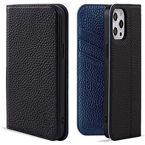 VISOUL iPhone 12 Pro ケース 手帳型 本革 iPhone 12ケース レザー 全面保護 マグネット式 カード収納 アイフォン12 Proケース 横置きスタンド機能付き手帳型ケース 2020年発売 iphone 12Pro/12対応 6.1インチ シュリンクレザー ネイビー iPhone 12 / 12 Pro