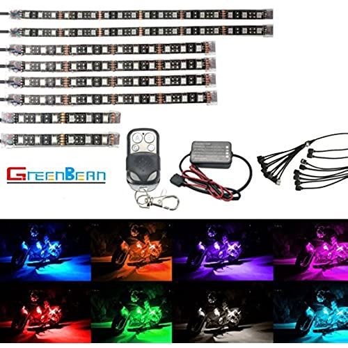 バイク用 RGB LEDテープライト GREENBEAN オートバイ イルミネーション LEDテールランプ ストリップライト フルカラー 防水仕様 8本セット リモコン付き SMDLEDタイプ