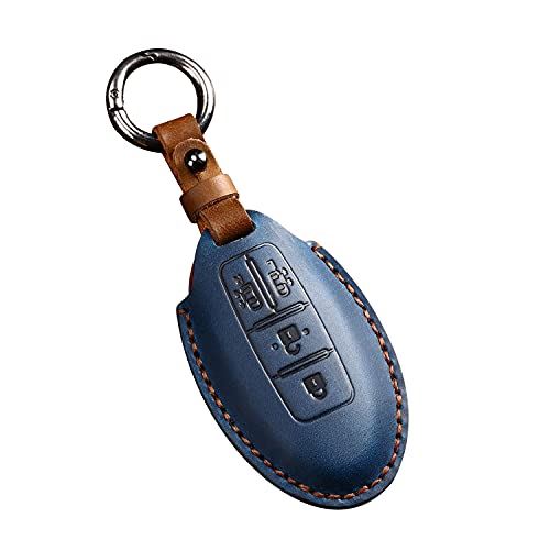 セレナ C27 キーケース 適合日産セレナC26 ニッサン セレナC25スマートキーカバー エルグランドE52 エルグランドE51 両側電動スライドドア 本革 キーホルダー(4ボタン, 青)